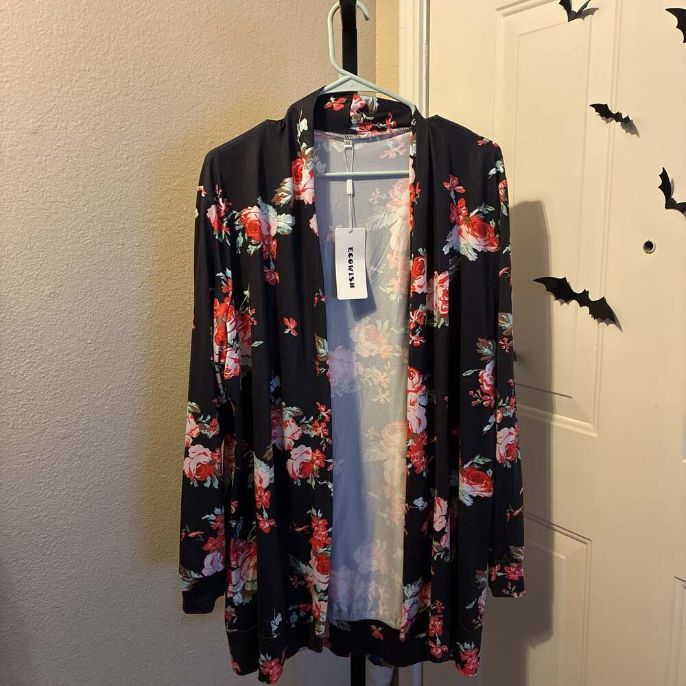 Ecowish Women's Black Floral Long Sleeve Kimono Cardigan